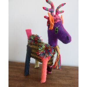 Mexican Native Folk Art Wool Holiday Reindeer Hand Woven Wool Felt Embroidered